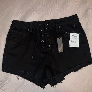 High waste corset distressed cheeky jean shorts